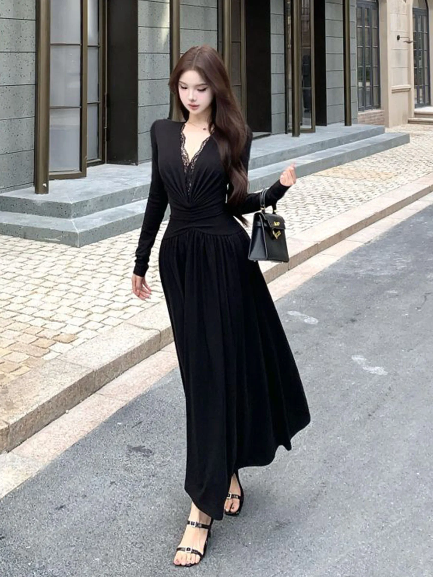 Elegant Gentle Ladylike Lace Trim White Moonlight V-neck Long Sleeve Autumn Dress Korean Style A-line Skirt Evening Gown