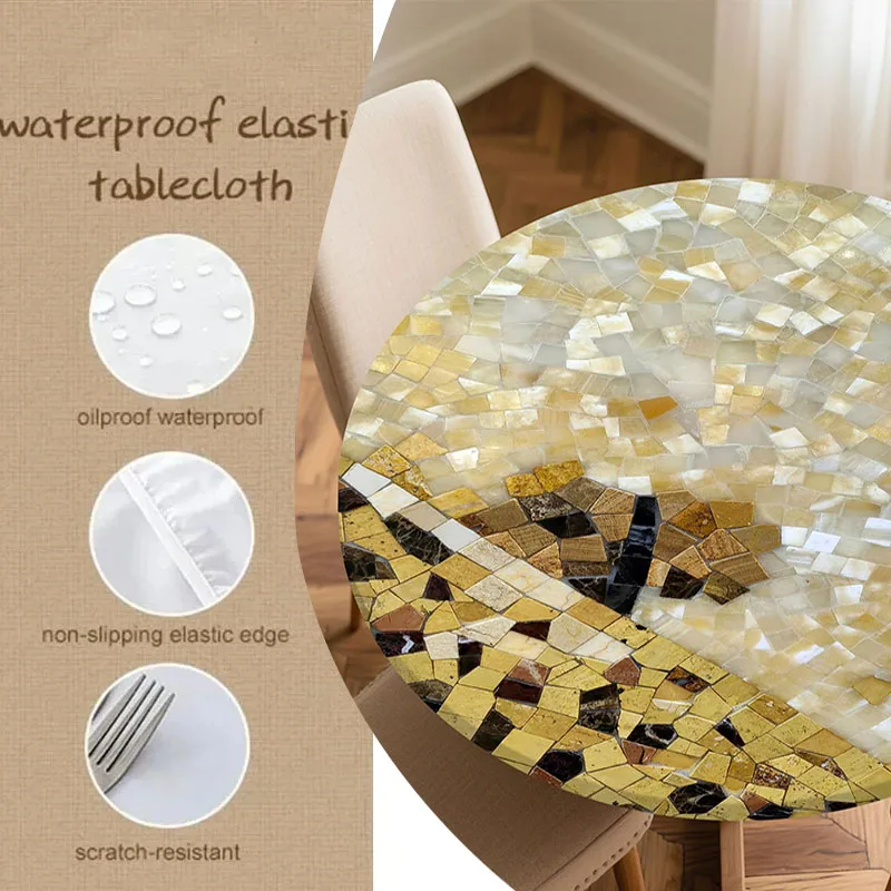 1pcMarble Print Round Tablecloth,Gold Marble Pattern Waterproof Printed Tablecloth,Suitable for Daily Home Kitchen and Patio Use