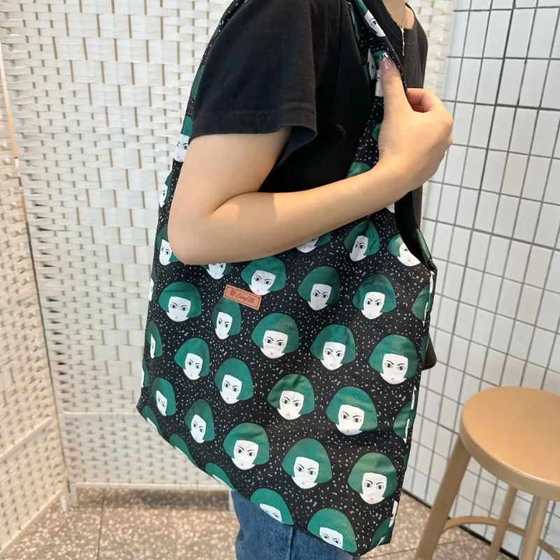 Large Capacity Cartoon Character Tote Bag Smiley Face Jacquard Shoulder Bag Women's Hand-held Canvas Bag