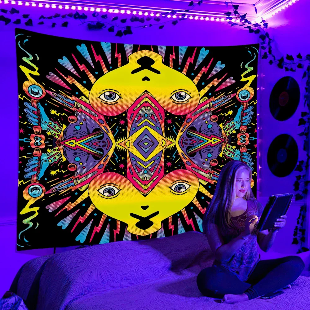 Black Light Tapestry UV Reactive Psychedelic Wall Hanging DJ Backdrop  Bedroom Dorm Separate Room Decoration