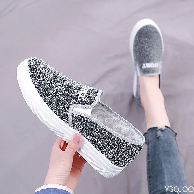 

Women's Sports Canvas Shoes New Casual Flat Bottomed Shallow Mouth Sequin Platform Sports One Foot Kick Zapatos Mujer Sneakers