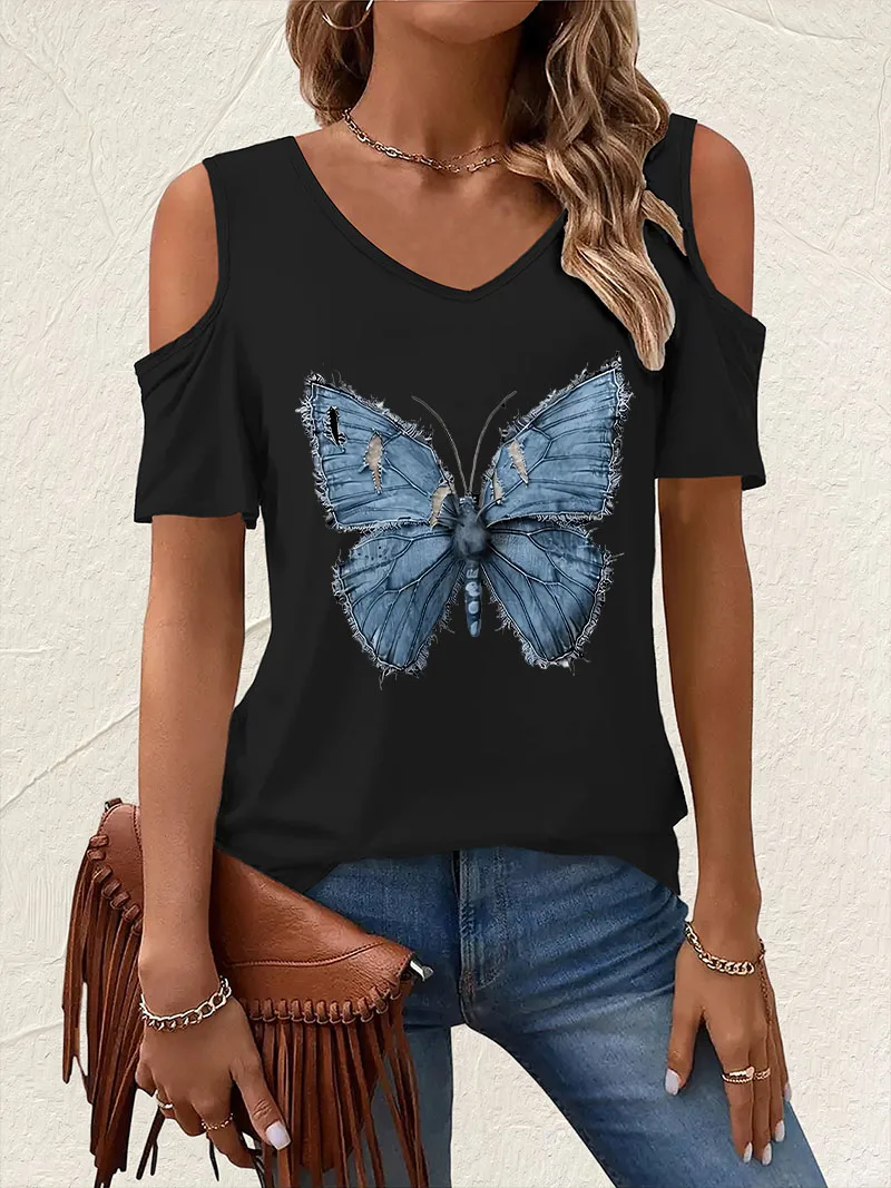 Vintage V-Neck Butterfly Print T-shirt Short Sleeve Graphic V Neck T Shirt Casual Top Summer  Women's Clothing Off-Shoulder