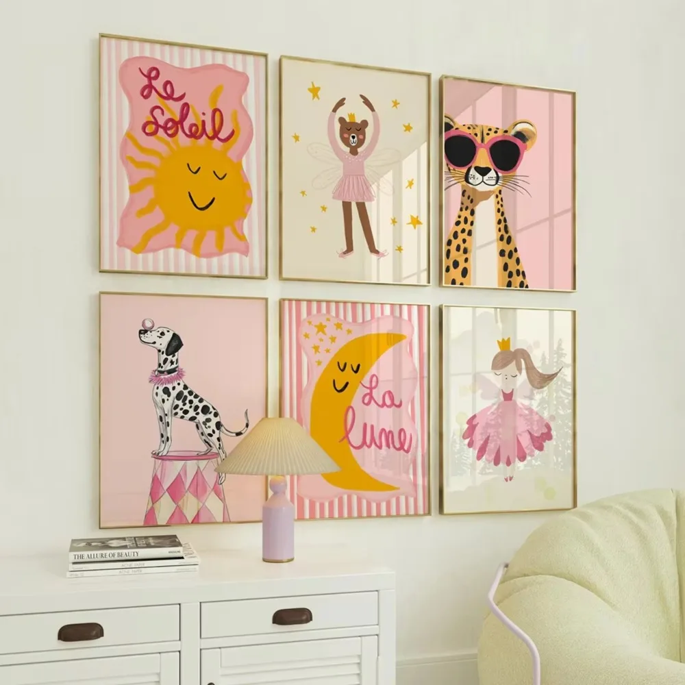 6PCS Pink Baby Room Wall Decor Posters - Sun, Moon, Leopard, Dog, Ballet Dancer, Fairy - Cute Room Decor Posters
