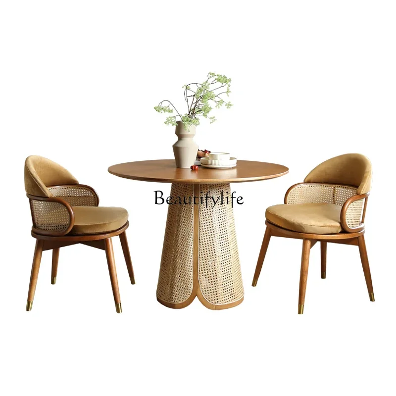 

Nordic solid wood round table small household modern simple rattan dining table