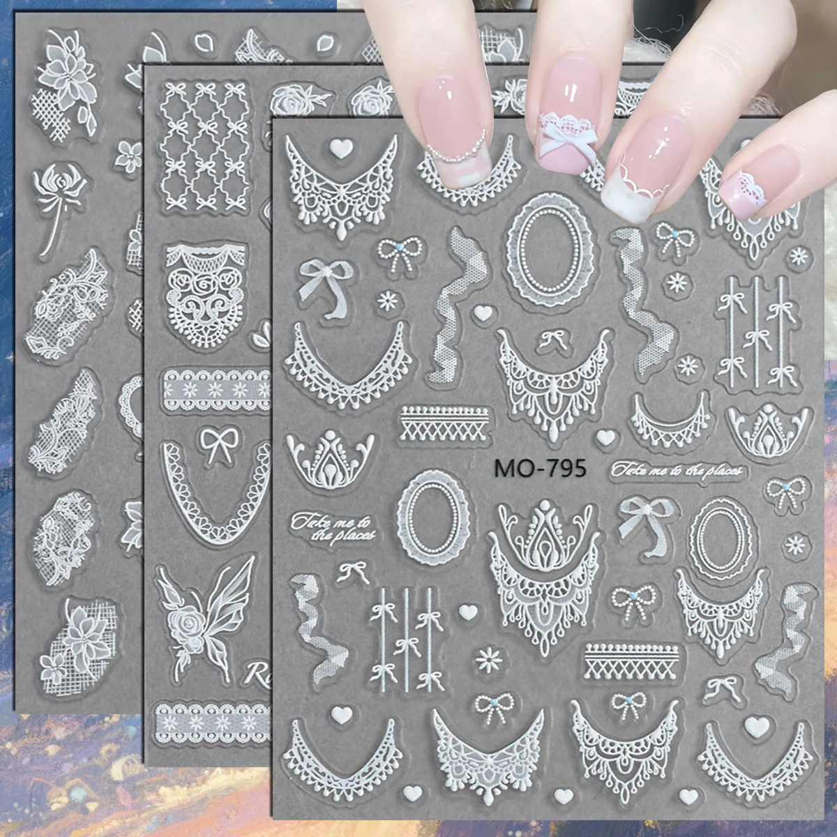 3/6/12 Sheets 5D White Lace Bow Heart Nail Stickers French Tip Frame Self Adhesive Embossed Nail Decals Wedding Manicure