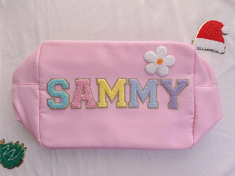 Customize DIY Letters Patch Heart Pearl Rhinestone Nylon Durable Waterproof Pouch Makeup Case Nylon Travel Cosmetic Bag