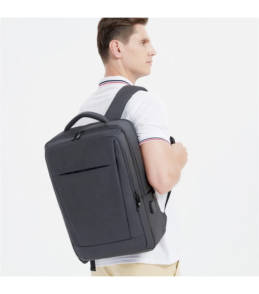 Dark gray slim square laptop backpack with side USB anti splash compact design for office daily business trip
