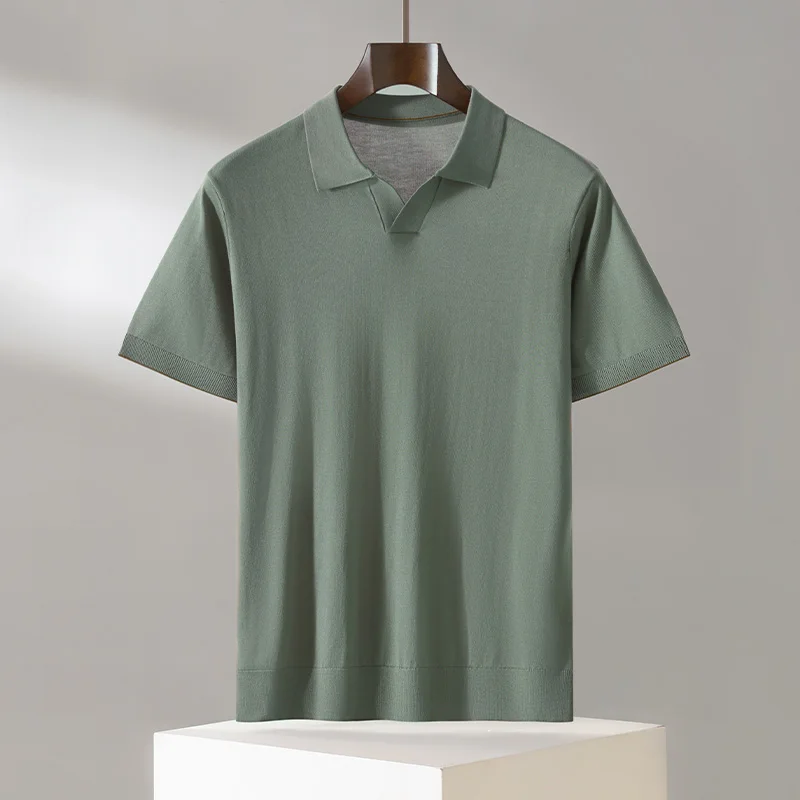 Men's 100% Lyocell Casual Solid Color Knitted Pullover T-Shirt Short Sleeve Loose POLO Collar Top Pull on Vest