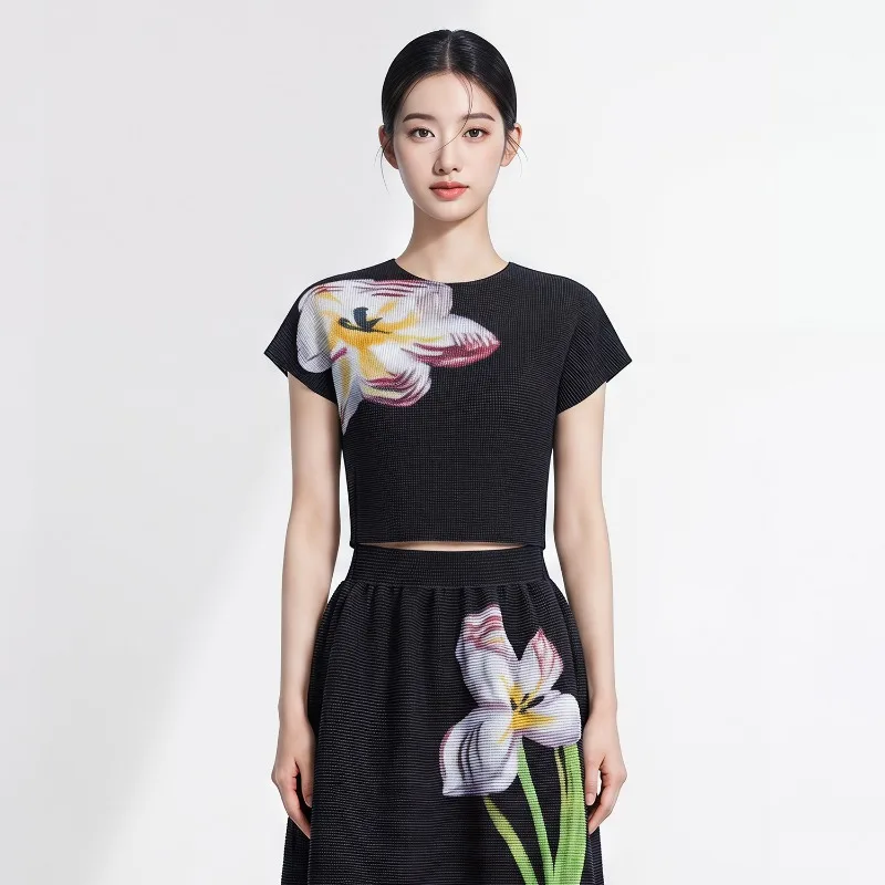 Miyake Pleated Fashion Short Sleeve Top 2026 Summer New Printed Casual Pleated Short Pullover Shirt Elegant Versatile T-Shirt