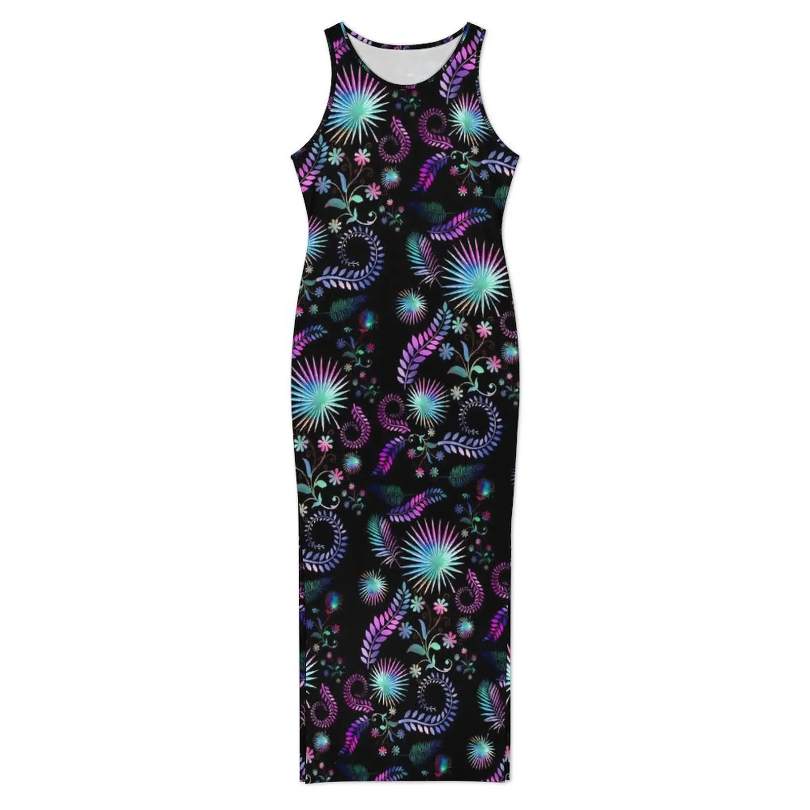 Vestido ajustado para mujer, vestidos largos sexis de plantas tropicales para primavera, vestido estampado de moda coreana sin mangas con flecos de palma, talla grande