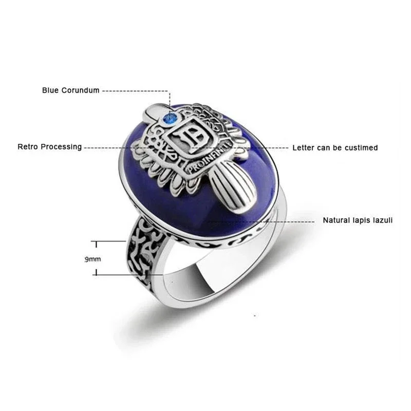 Real 925 Sterling Silver Damon Salvatore Ring The Vampire Diaries Rings Men's With Lapis Lazuli Natural Stone Customized Jewelry