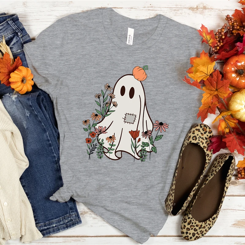 Summer Womans Halloween Flower Ghost Pumpkin Graphic T Shirt Fashion Female Short Sleeve Clothes Cartoon Funny Streetwear Tshirt