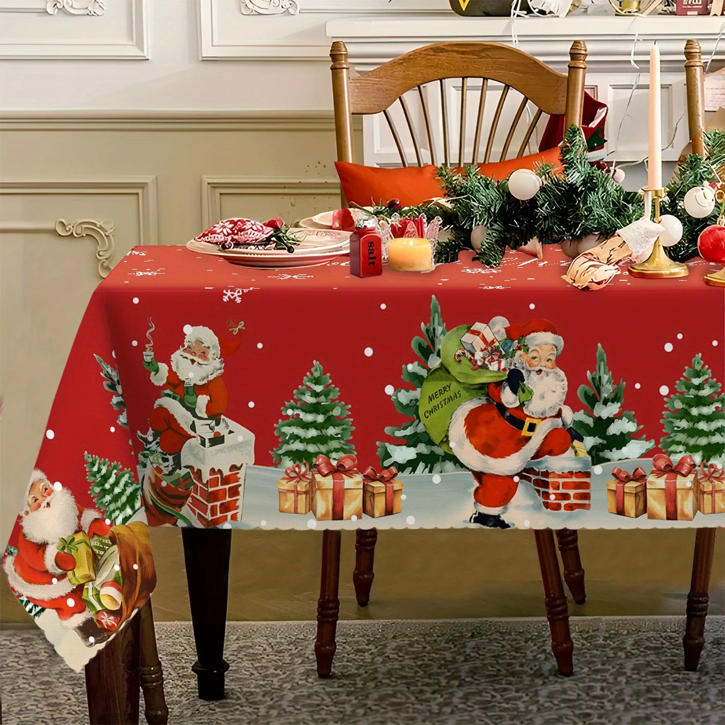 1 piece, Christmas tablecloth, with a retro country style of Santa Claus chimney design for Christmaszyc