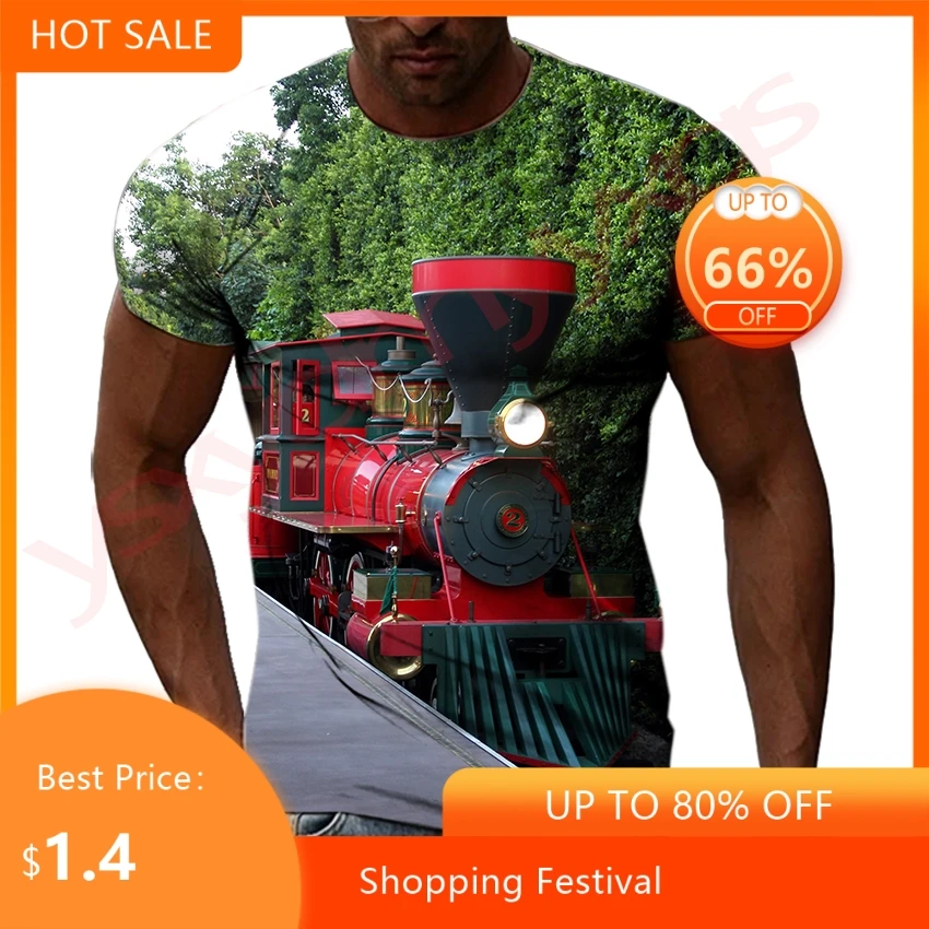 

Retro Steam Locomotive The Starting Point Of The Industrial Revolution Hip Hop Men T-shirts 3D Print Round Neck Tee Short Sleeve