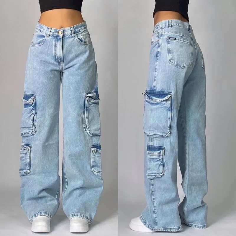 Y2K Harajuku Street Vintage Multi-pocket Jeans Washed Heavy Duty Baggy Jeans Women Fashion Gothic High Waist Wide Leg Trousers