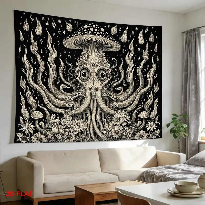 VIKAMA Psychedelic Octopus Mushroom Tapestry Black White Trippy Surreal Wall Hanging Dark Fantasy Art Decor for Bedroom Dorm