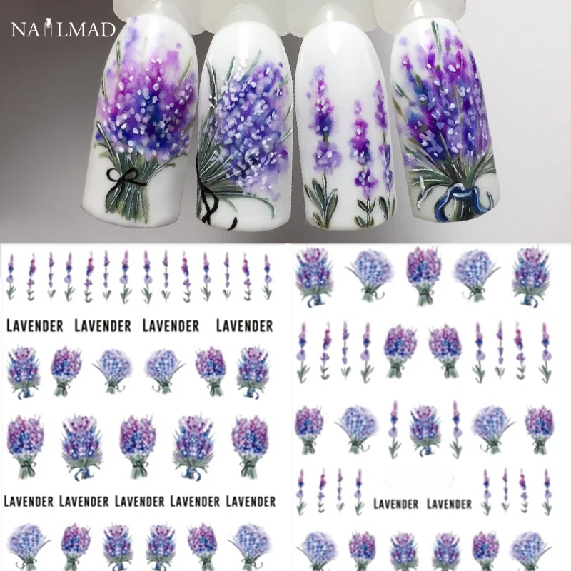 1 sheet Lavender Flower Water Decals Purple Blooming Flower Nail Transfer Decals Nail Art Water Seal Water Slide