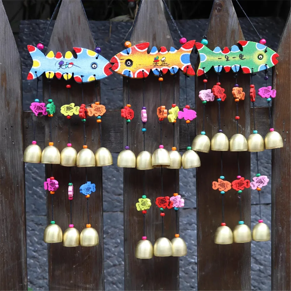 2 Layers Auspicious Wooded Fish Decorate Ring Bell Chinese National Stylish Lucky Hanging Wind Chimes