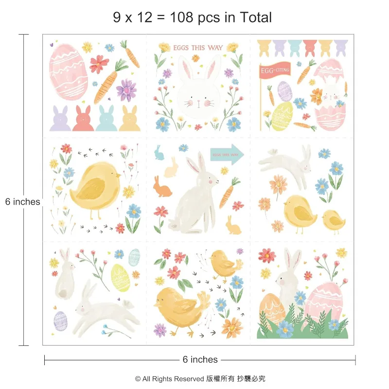108pcs Easter Temporary  Water Resistant Tattoos Cute Bunny and Chick Pastels Body Sticker for Kids Spring Party Favor Supplies