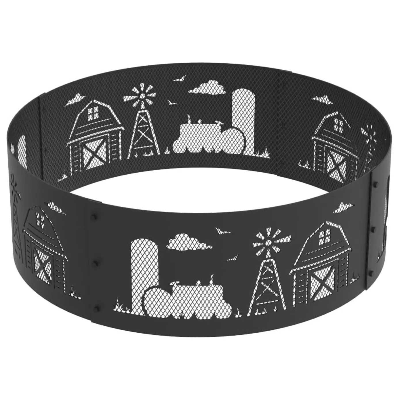 

Черный пасторальный коттедж с сетчатым декоративным кованым железным огненным кольцом, уличной огневой печью для барбекю во дворе