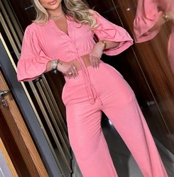 Elegant and Beautiful Commuting Two Piece Set Women 2023 Fashion V-Neck Flared Sleeve Tie Up Top Wide Leg Long Pants Casual Set