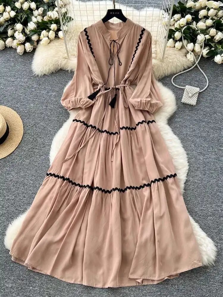 Französisch Frauen Vintage Kleid Welle Muster Verstärktes Laterne Hülse Strand Lange Kleider Damen Lose Frühling Herbst Lange Robe Vestidos