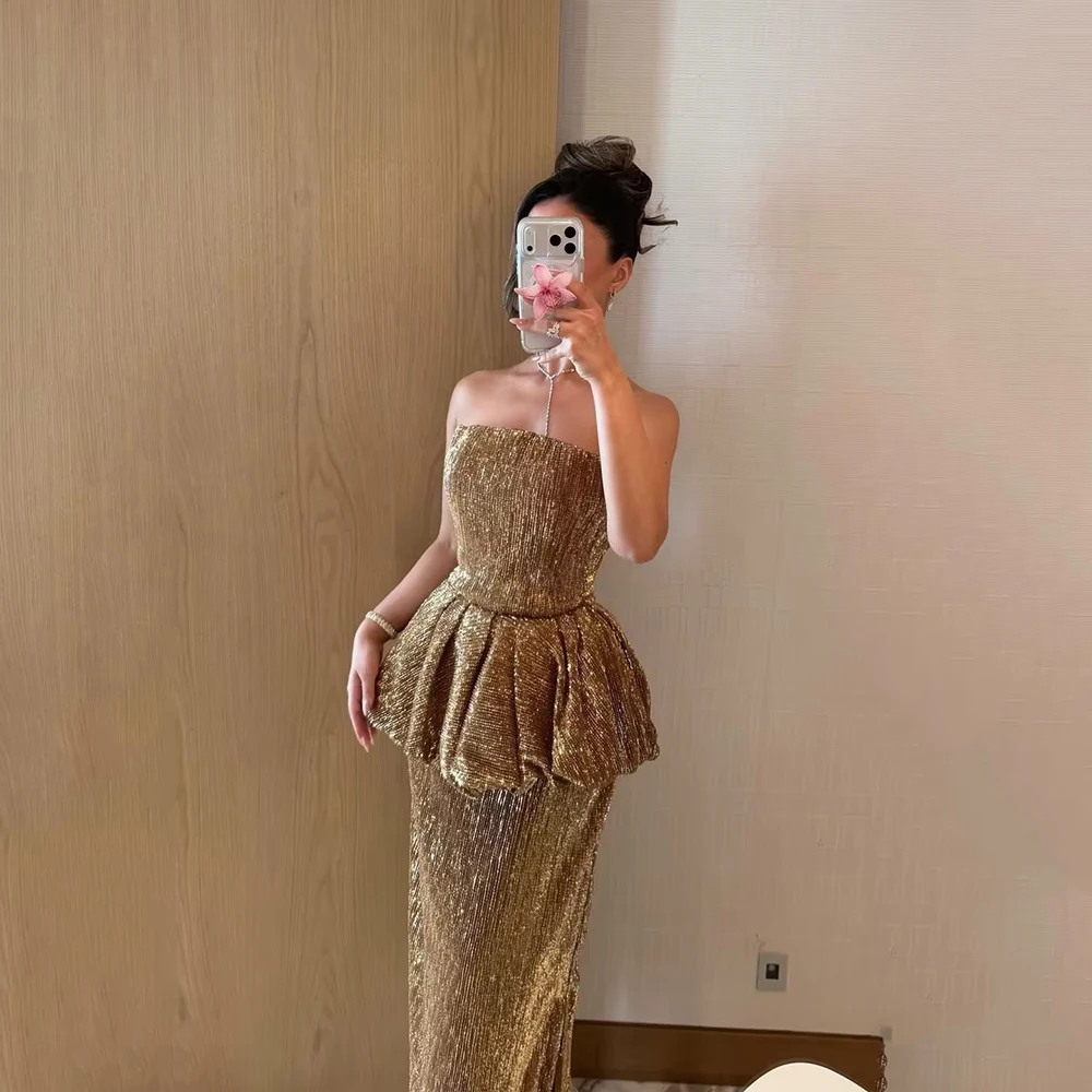 

Verngo Gold Shiny Evening Dress Strapless Mermaid Maxi Arabia Prom Dresses Elegant Celebrity Party Gowns Customized