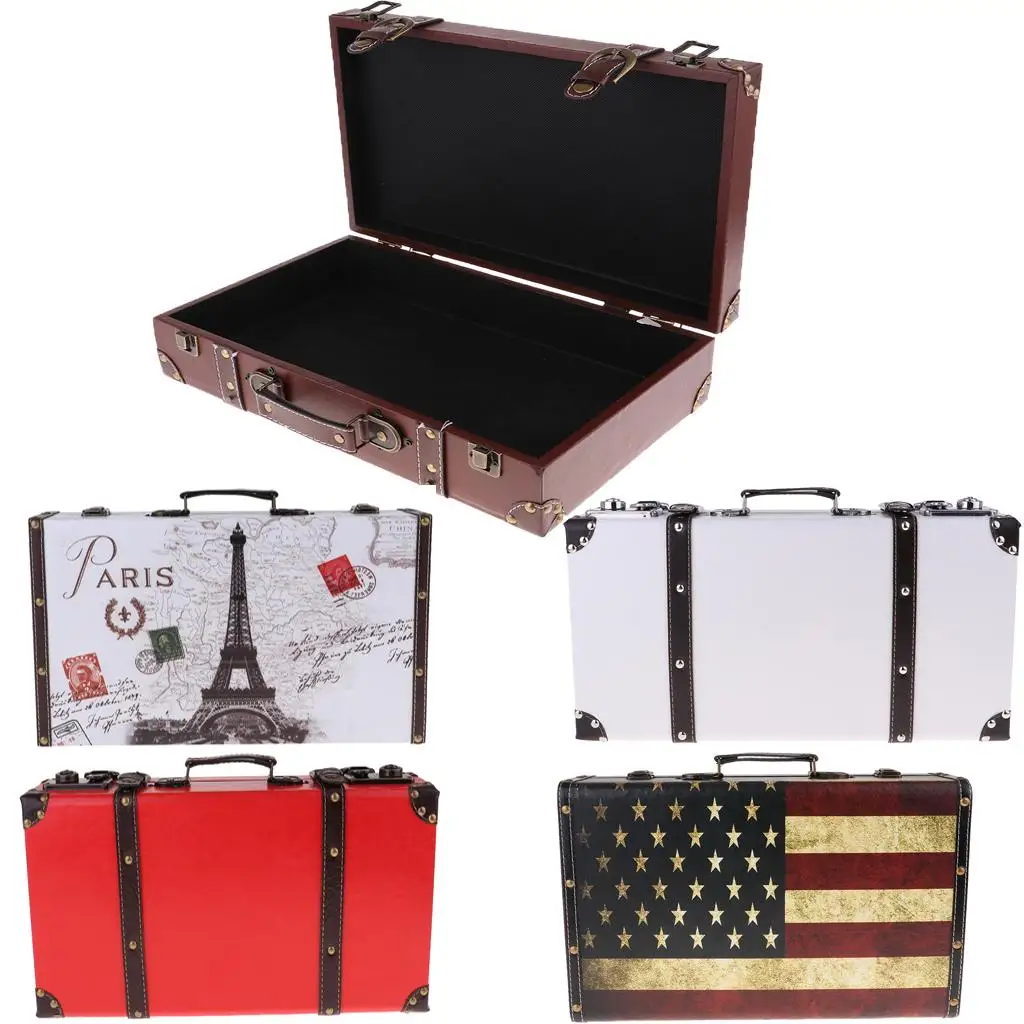 Fashion Retro Leather Wood Luggage Suitcase Clothes Storage Suit Box Home Art Decoration