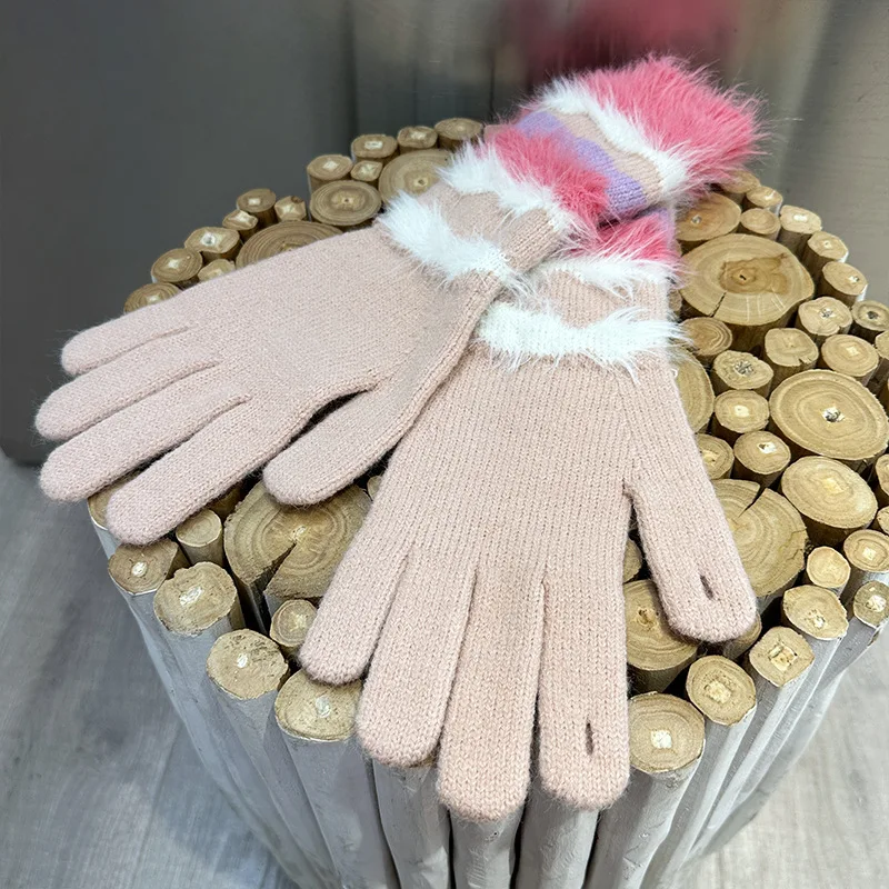 

Autumn and Winter Warm Imitation Mink Fur Men's and Women's Color Striped Touch Screen Knitted Gloves with Exposed Fingers