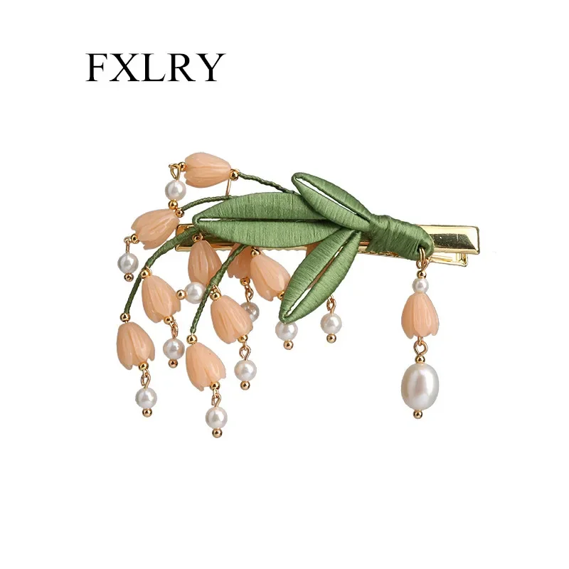 FXLRY Original Design Handmade Pearl Hairpin Fabric Art Lily Of The Bell Edge Clip Tied Half Bun Hair Card Headdress