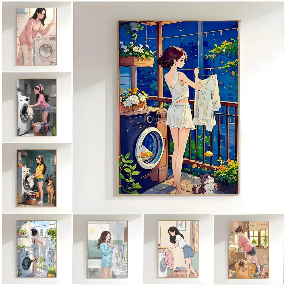 cute illustration l-laundry girl washing machine Poster Classic Wall Art  Home Decor  Peel and Stick Unframed