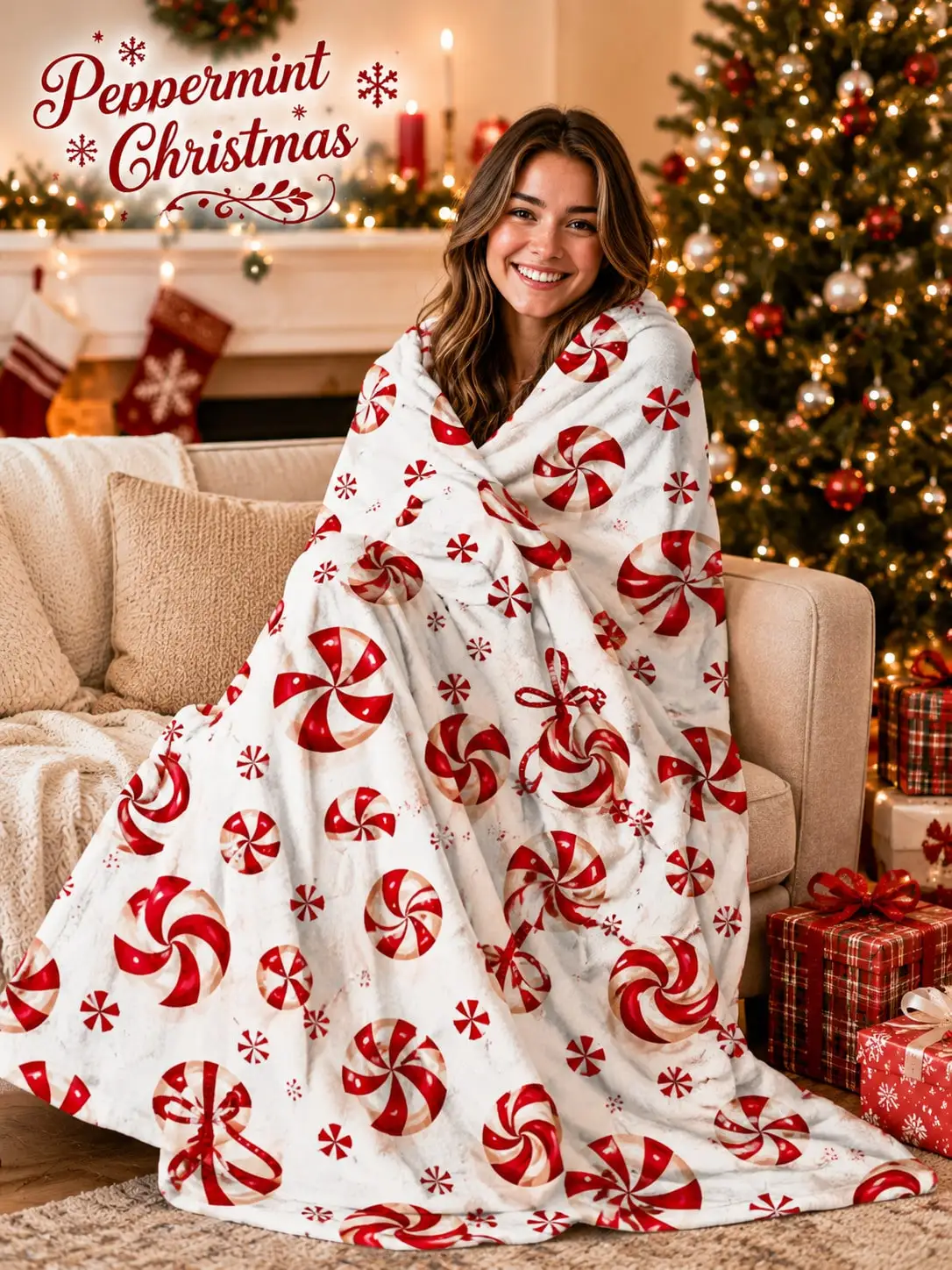 Christmas Flannel Blankets & Throws Peppermint Candy Lollipop Snowflake Design Sofa Bed Couch Home Decor Living Room Bedroom Office Travel Camping Holiday Thanksgiving Anniversary Birthday Gift for Family Friends Couples Parents Coworkers Teachers