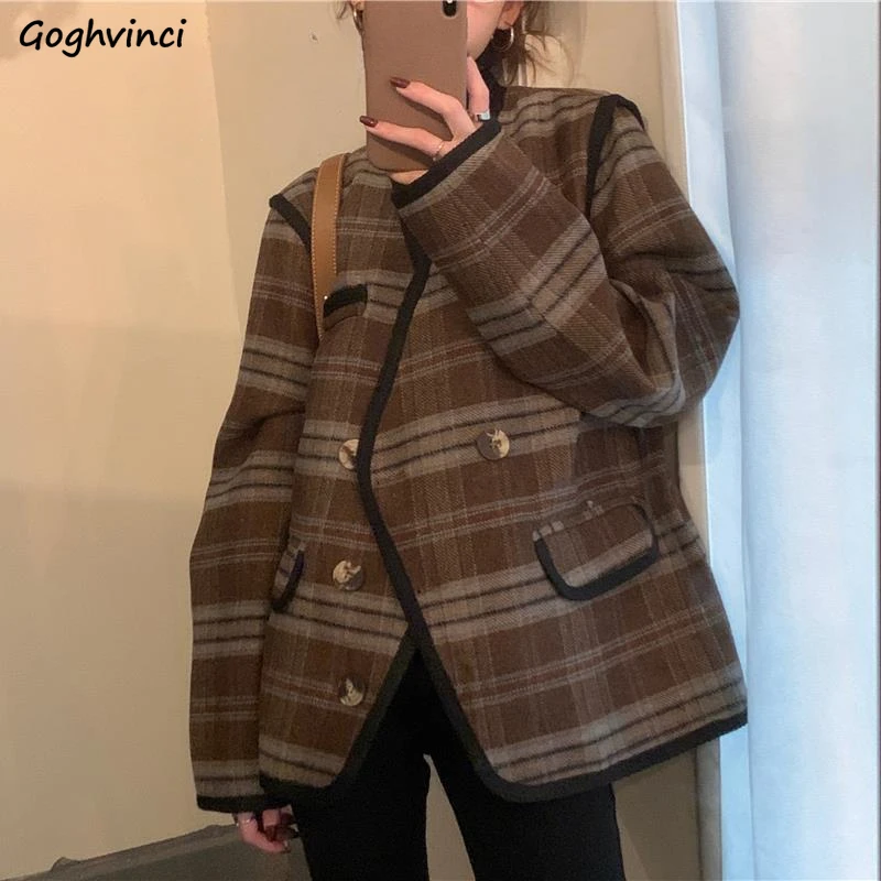 

Blends Women Vintage Striped V-neck Coats Simple Loose Outwear Chic Leisure Irregular Newly Fashion Autumn Spliced Pocket Ins