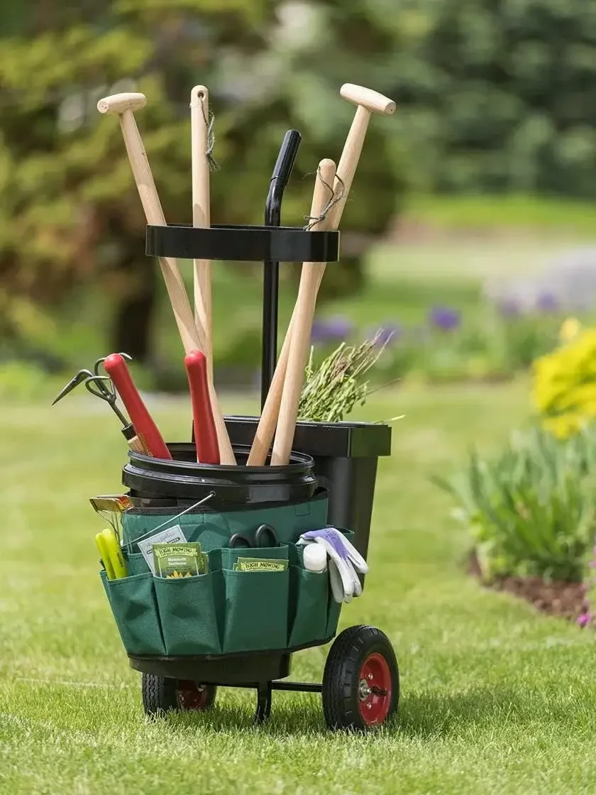 Heavy Duty Mobile Tool Storage Caddy | All in One Easy-Roll Garden Utility Cart Carrier, Includes 5-gallon Bucket, Fabric