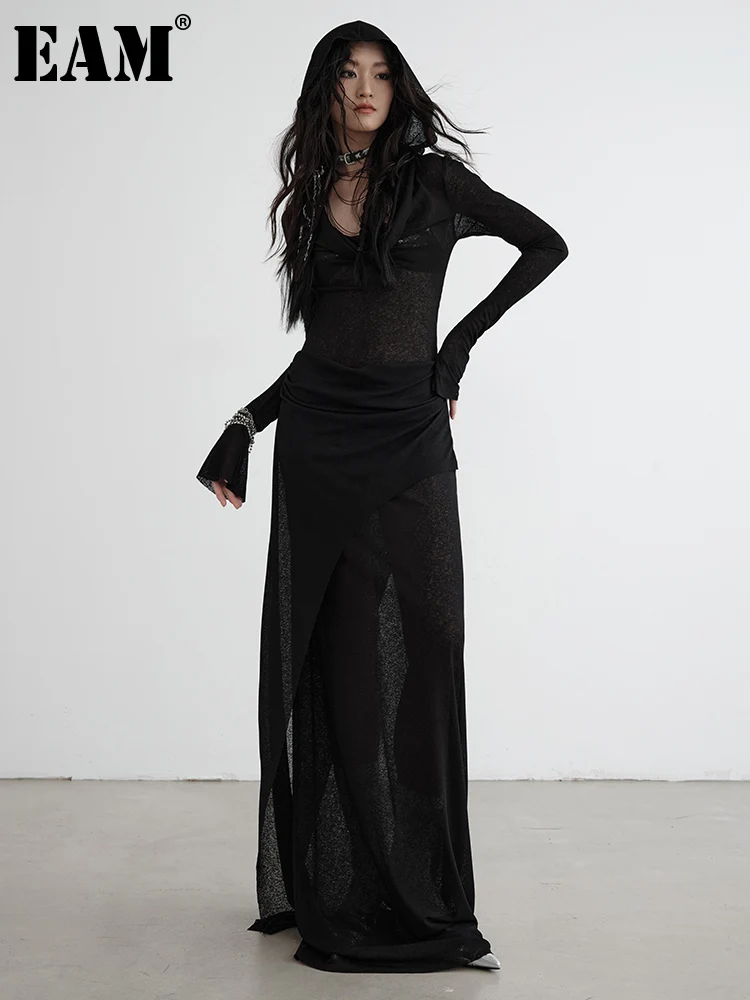 فستان نسائي أنيق بأغطية رأس وحياكة ، فستان منظور رفيع ، أكمام طويلة ، أسود ، موضة المد والجزر ، الربيع ، الخريف ، جديد ، 1DH7218 #1