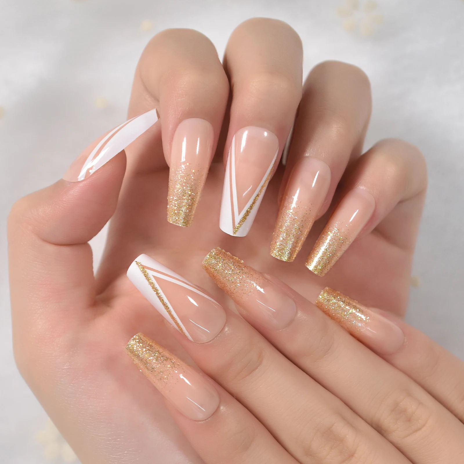 Longo caixão de bailarina nude ouro glitter imprensa francesa em unhas falsas diy manicure reutilizável falso acrílico dicas da arte do prego