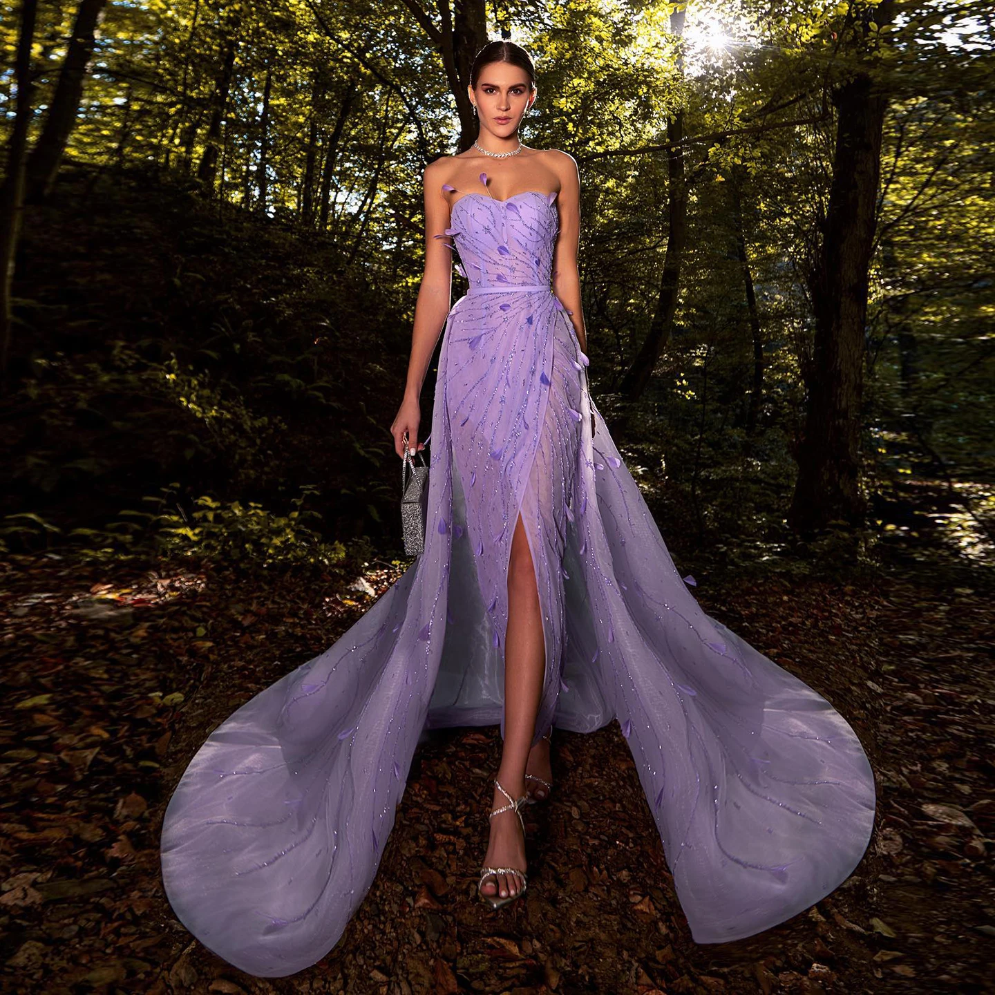 Sharon Said Luxury Feathers Beaded Lilac Evening Dress with Overskirt Sweetheart Slit Women Wedding Party Gowns SS456 Customized