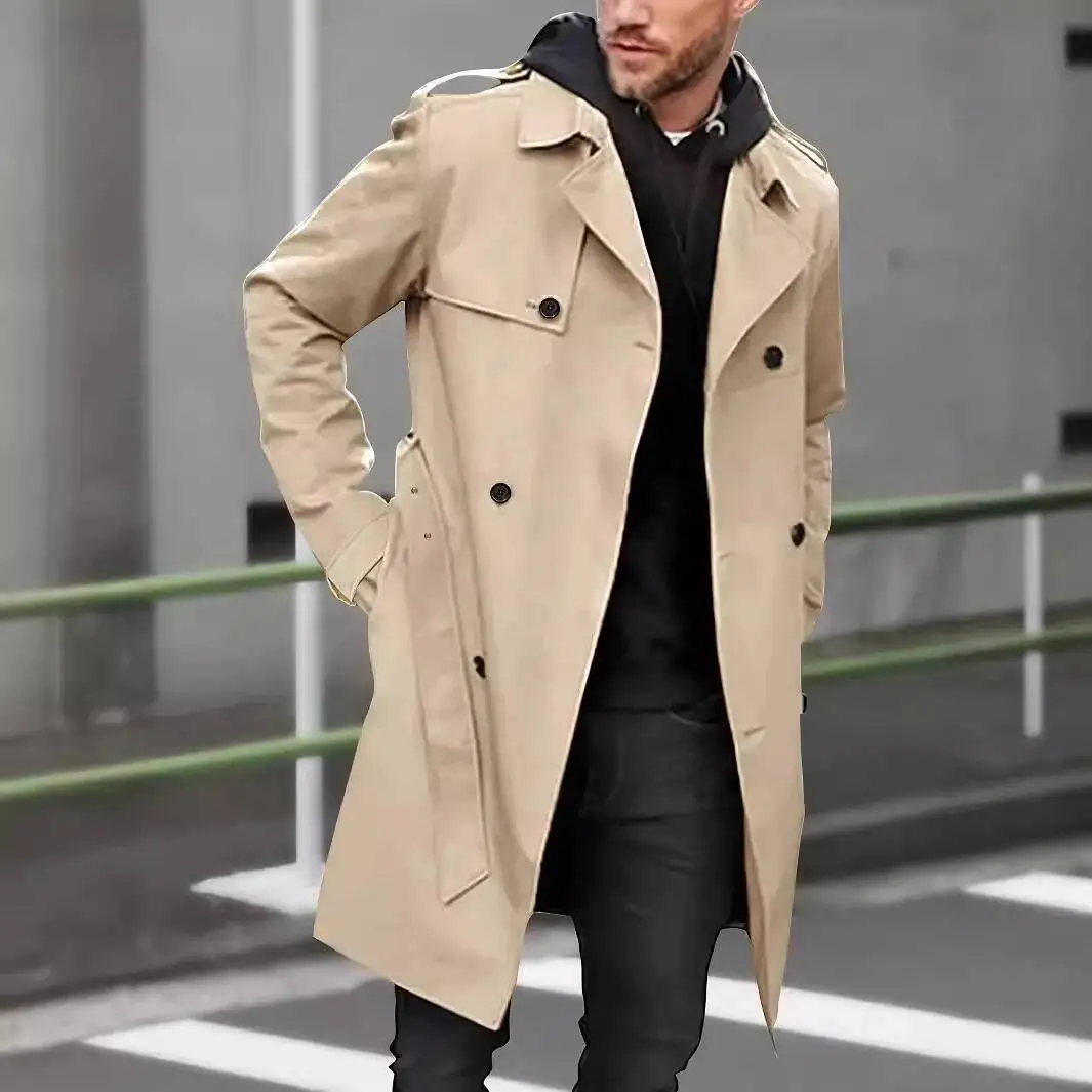 

2026 Autumn And Winter New Fashionable Solid-Color Trench Classic Lapel Double-Breasted Lace-Up Casual Windproof Coat Men