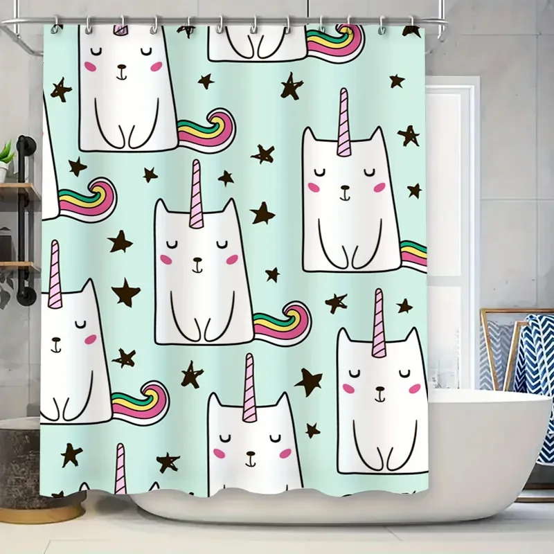 

Kawaii Unicorn Cat Shower Curtain Pastel Blue White Cartoon Animal Bath Decor Kids Gift Cute Pet Print Bathroom Rug Home Liv