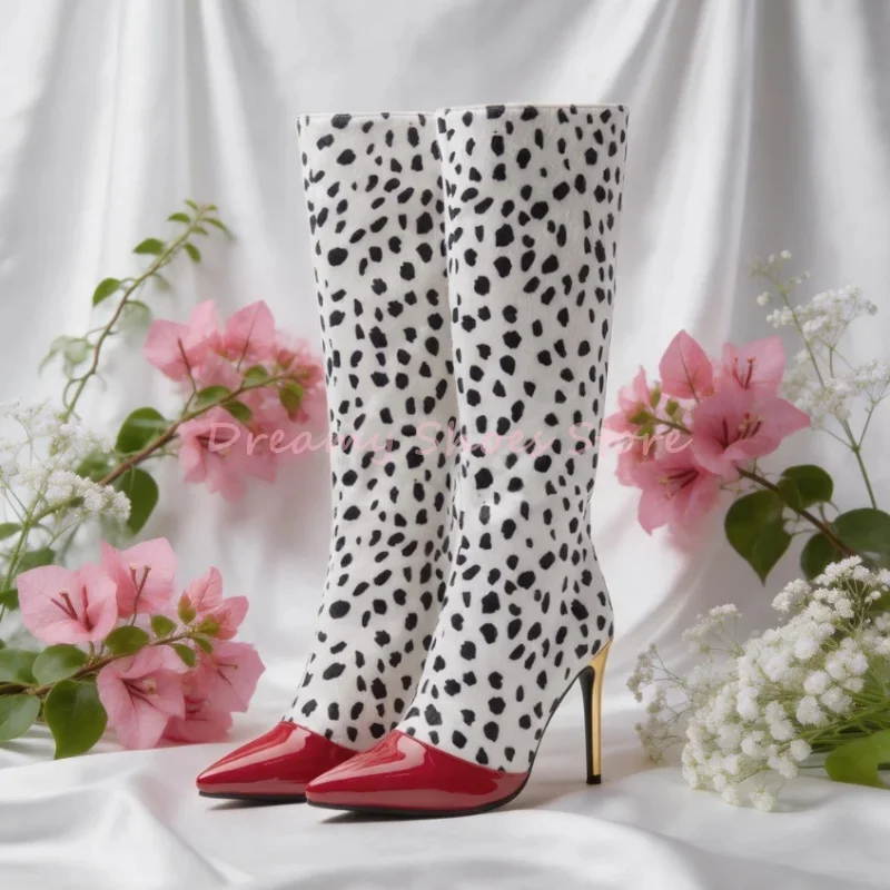 

Spotted Faux Horsehair Pointed Toe Long Boots Women Patchwork Back Zipper Gold Heel Knee High Boots Fashion Party Ladies Shoes