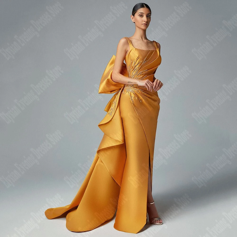 Gold plissierte Satin Abendkleider wunderschöne übergroße 3D Bogen Frauen formelle Anlass Kleider neue Mode funkelnde Vestidos de Noche