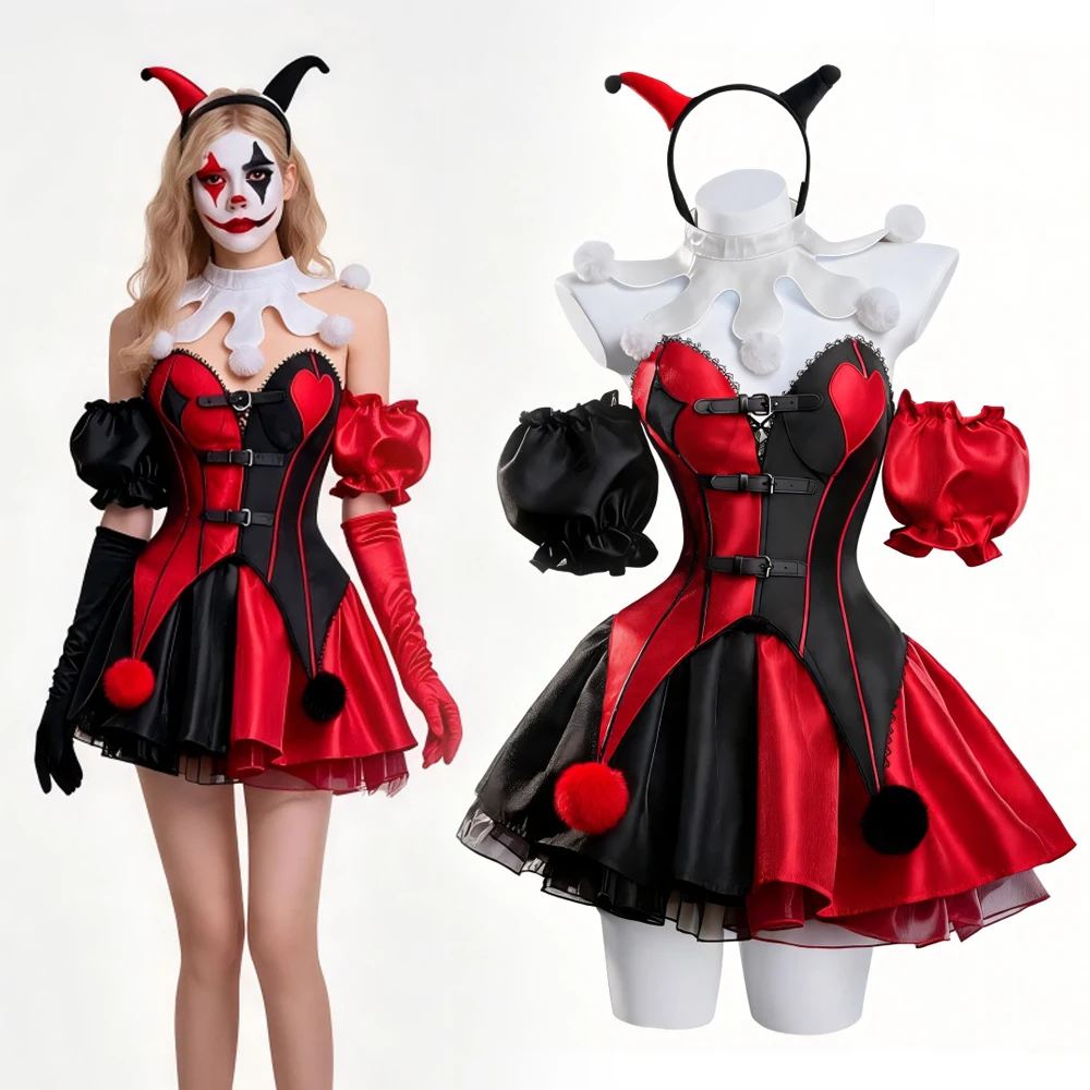 Halloween Clown Cosplay Costume Women Red Black Dress Gothic Horror Joker Party Carnival Outfit