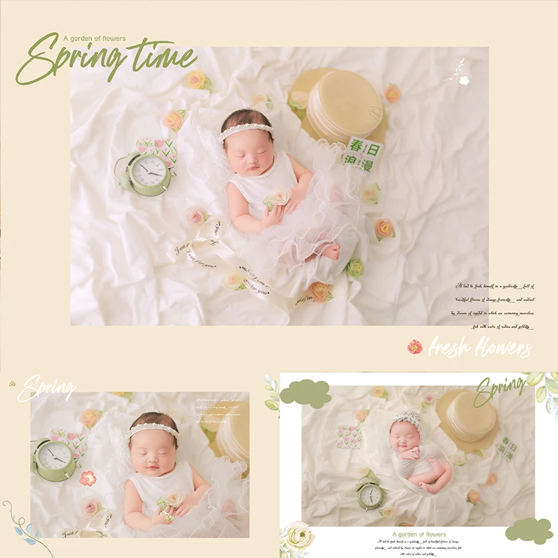 Baby Girl Photography Dresses Spring Romantic Theme Set Gorgeous Dress Wrap Cloth Straw Hat Alarm Clock Studio Photoshoot Props