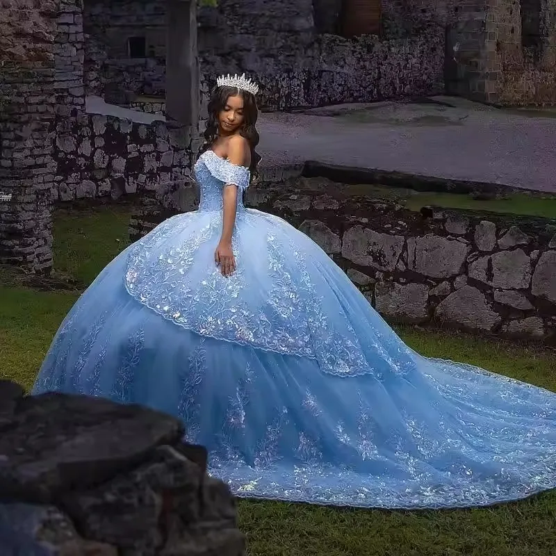 light blue sweet sixteen dresses Baby sequins quinceanera 16 Dresses Off the Shoulde – formalgowns Tulle Length blue sweet 16 dresses Quinceanera