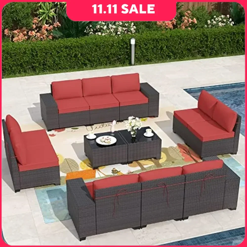 12 Pieces Outdoor Patio Furniture Set Brown PE Rattan Patio Conversation Set w/10 Rose Red Seat Cushions and 2 Coffee Tables