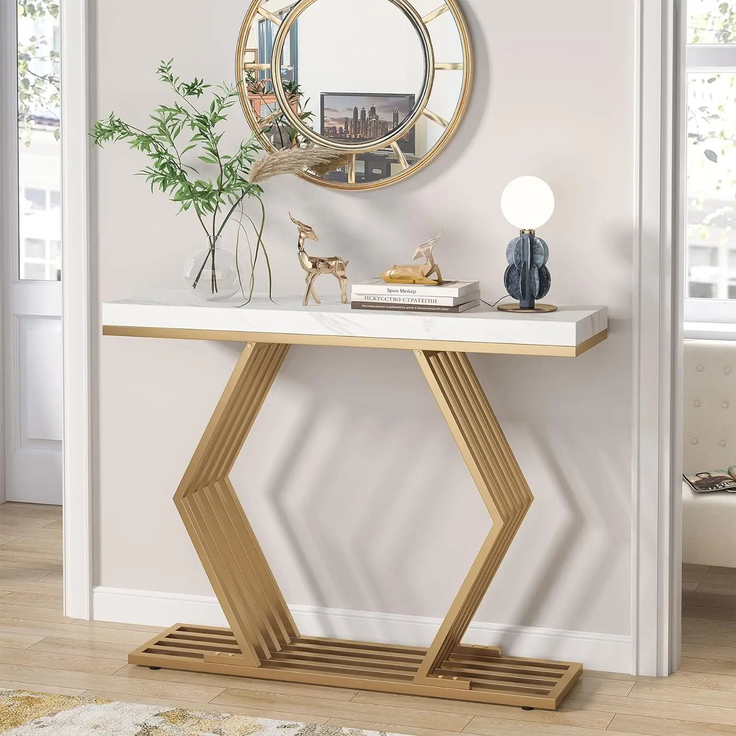 Table console moderne dorée avec base géométrique en métal, faux marbre blanc, table d'entrée étroite, table de foyer pour entrée, 42 po