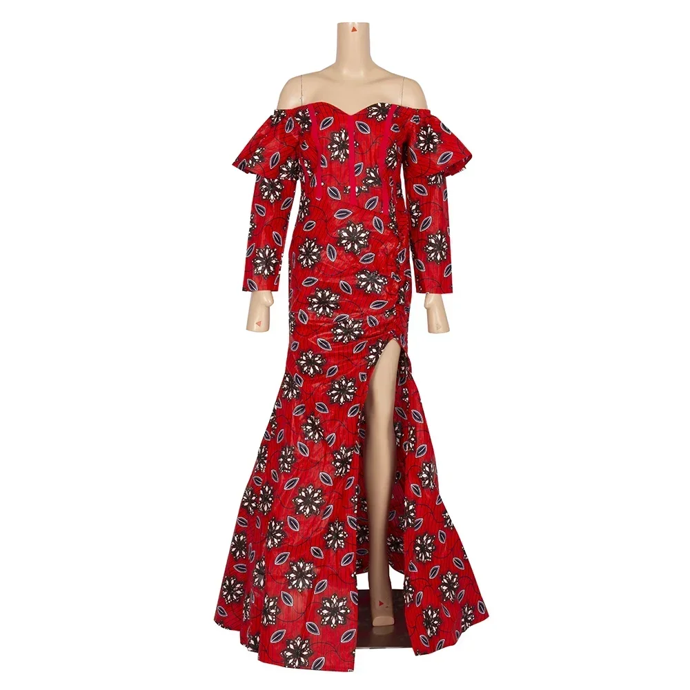 Off Shoulder Ankara Dresses for Women Fashion Long Dashiki Split Dress Robe Africaine African Maxi Dress Evening Party WY8798