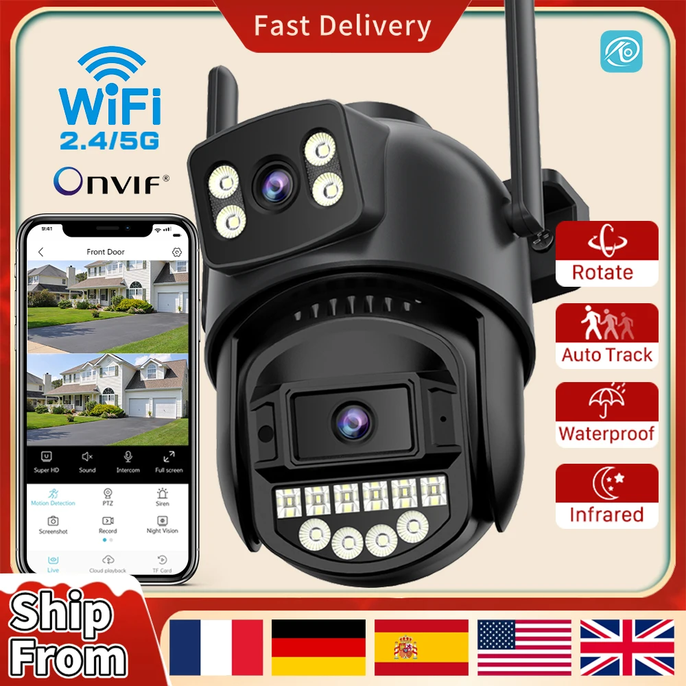 8MP 2.4G+5G Wifi Camera Dual Lens Dual Screen Human Detect Auto Tracking 4K 10MP Outdoor Onvif Two-Way Intercom CCTV Camera