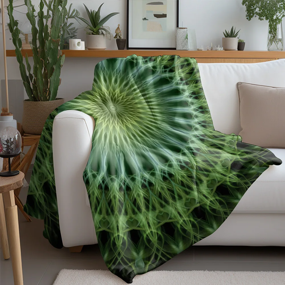 Vibrant Fractal Kaleidoscope Pattern Throw Blanket - Geometric Abstract Green Throw for Sofa Bed Bedroom Decoration Gift