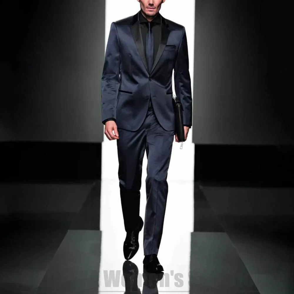 Men Navy Blue Satin Suit Glossy Shawl Lapel Slim Fit Two Piece Tuxedo Luxury Formal Wedding Groom Prom Evening Party Suits